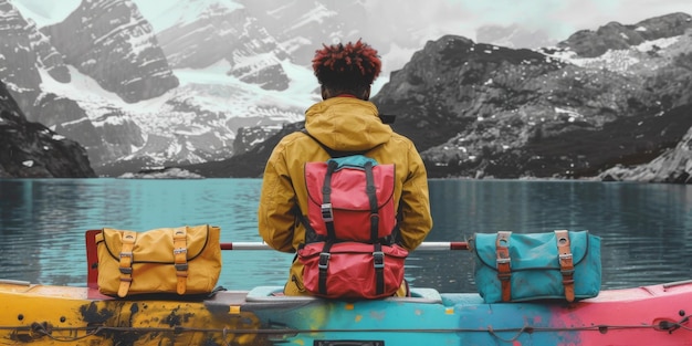 Photo man with backpacks in canoe adventure and nature