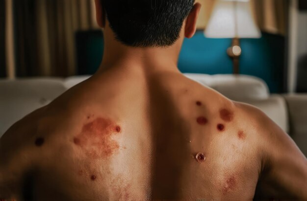 Photo a man with a bandaged back has a bruise on his back