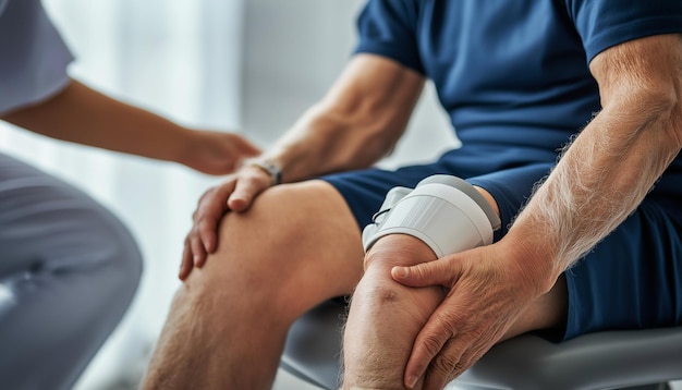 Photo a man with a bandaged knee sits with a woman in a chair