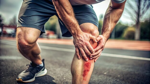 Photo a man with a bandaged knee stretches on a street