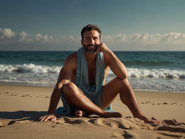 Photo a man with a beach towel sitting with legs crossed and_1