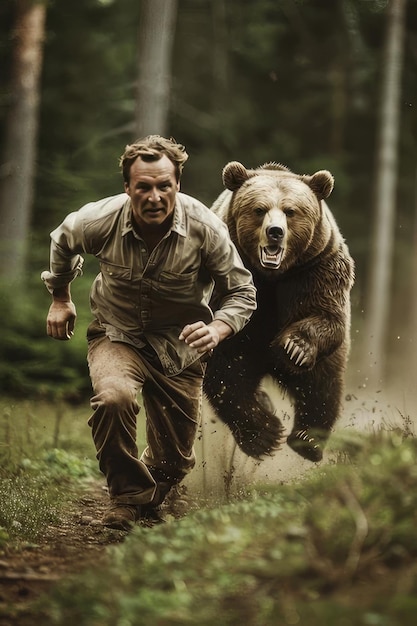 Photo a man with a bear on his back runs in the woods