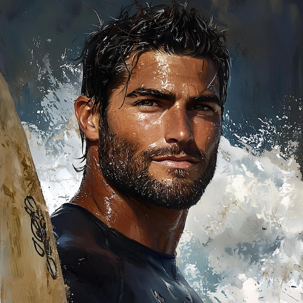 Photo a man with a beard and a beard is holding a surfboard