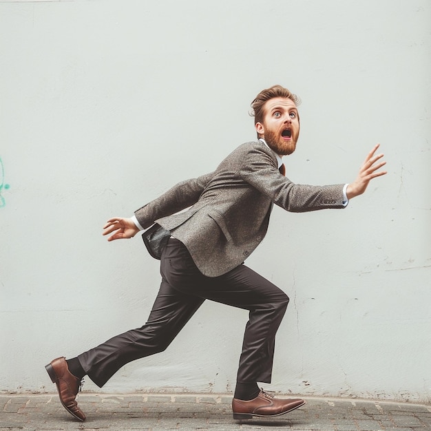 Photo a man with a beard and a beard is running on a sidewalk