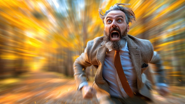 Photo a man with a beard and a beard is running in the woods