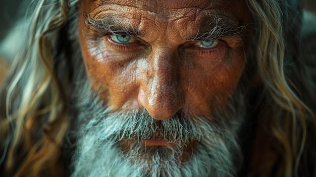 a man with a beard and a beard looks into the camera