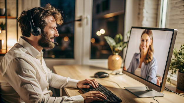 Photo a man with a beard and a beard sits in front of a computer with a picture of a woman on the screen