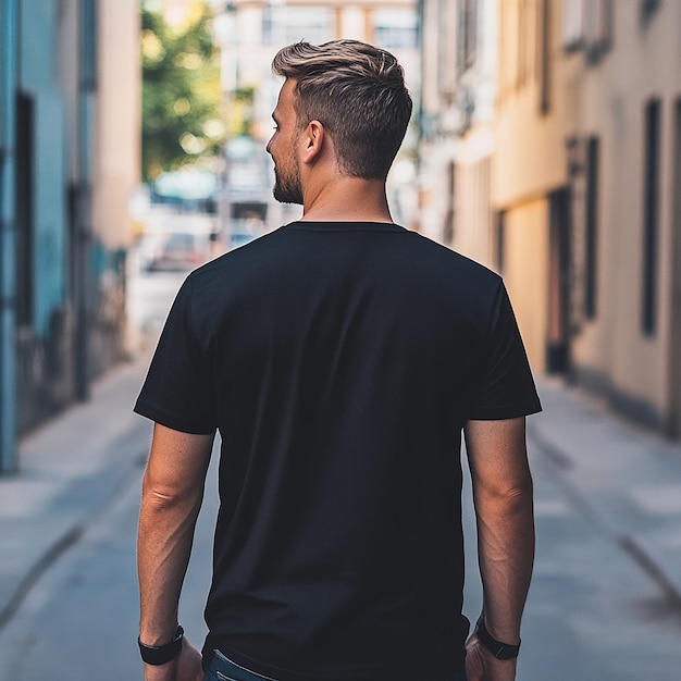 Photo a man with a beard and a black shirt is walking down a street