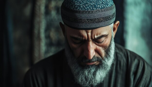 Photo a man with a beard and a blue and black shirt is standing in a dark room