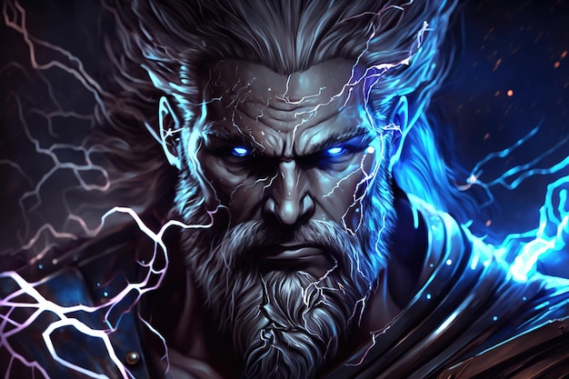 A man with a beard and a blue face with lightning bolts