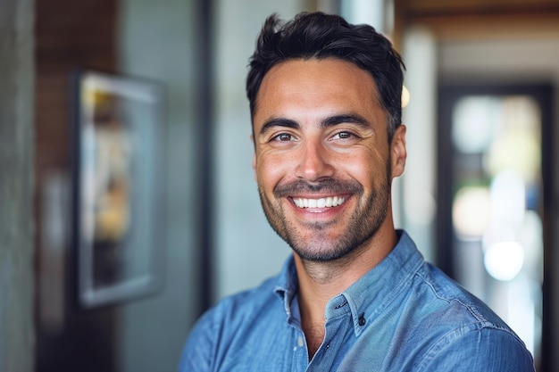 A man with a beard and a blue shirt is smiling