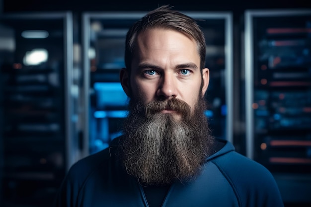 Man with beard and blue shirt looks into the camera Generative AI