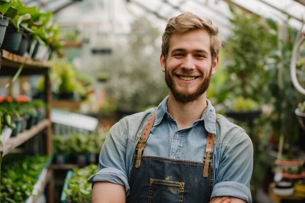 a man with a beard and blue shirt that says  hes smiling