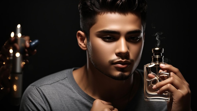 Photo a man with a beard and a bottle of perfume