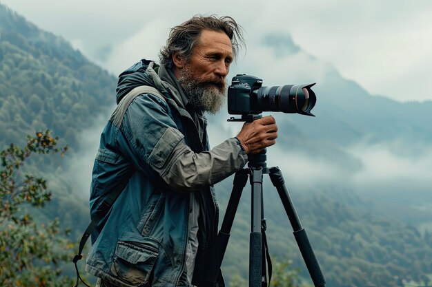 a man with a beard and a camera on a tripod