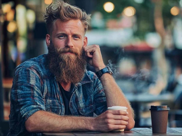 a man with a beard and a cup of coffee