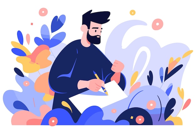 Photo a man with a beard drawing on a piece of paper surrounded by abstract shapes and leaves flat vector illustration