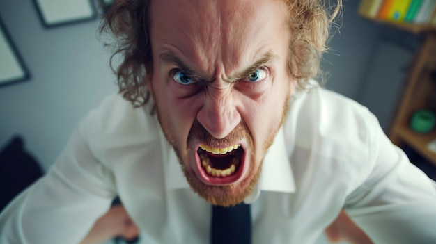 Photo a man with a beard dressed in a white shirt and tie yells at the camera with his mouth open wide his eyes are wide open and he has a serious look on his face