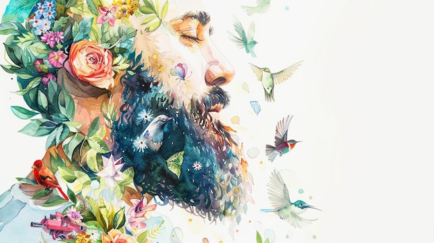 a man with a beard and flowers in his hair