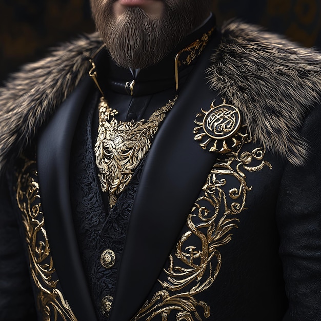 A man with a beard and a fur coat with a gold design on the front