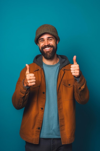 Man with beard gives thumbs up sign on blue background Generative AI