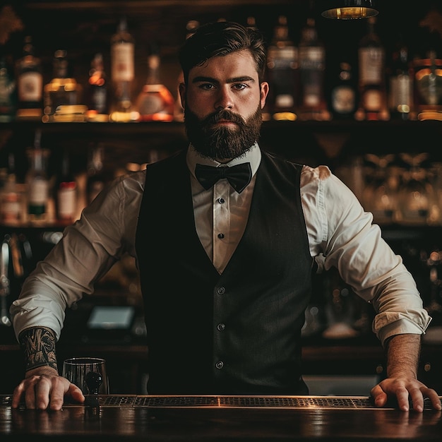 a man with a beard and a glass of beer behind him