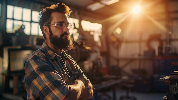 Man With Beard and Glasses in Factory