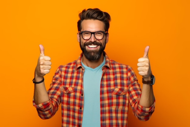 Man with beard and glasses giving thumbs up while standing against orange background Generative AI