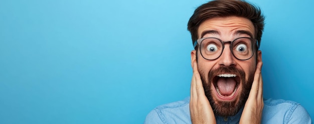 Photo a man with a beard and glasses holding his face in excitement mouth wide open in a joyful expression against a blue background