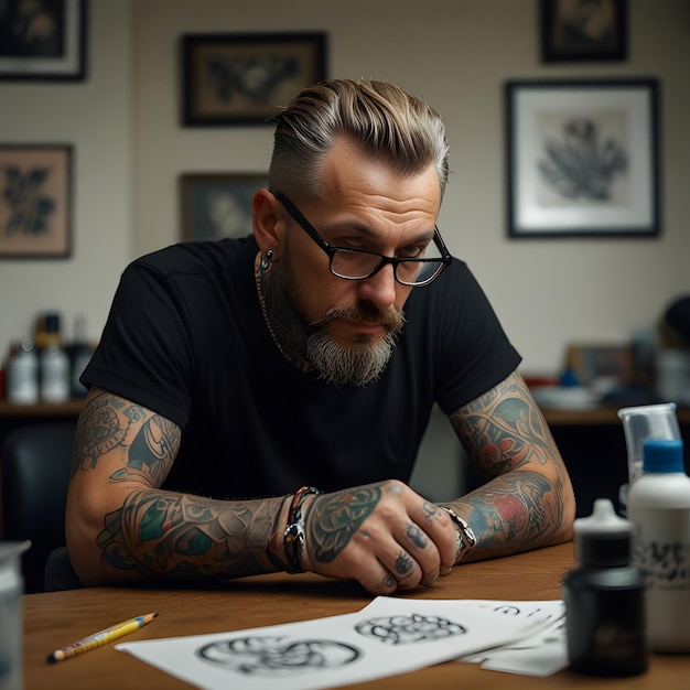 a man with a beard and glasses is sitting at a table with a drawing of a man with tattoos on his arm