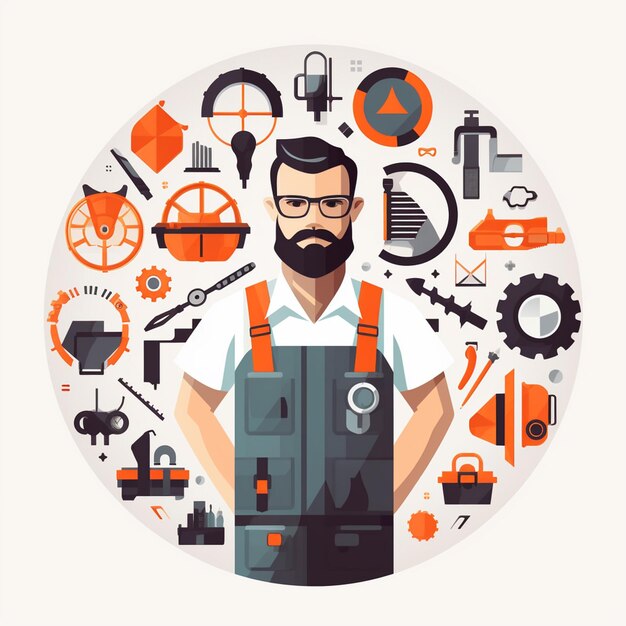 a man with a beard and glasses is standing in front of a circle with many different tools