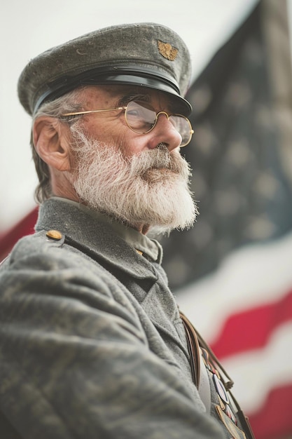 Photo a man with a beard and glasses is standing in front of a flag