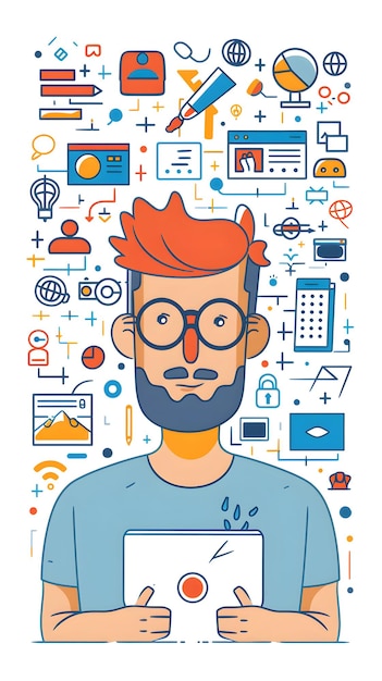 Photo a man with a beard and glasses is surrounded by icons of different things