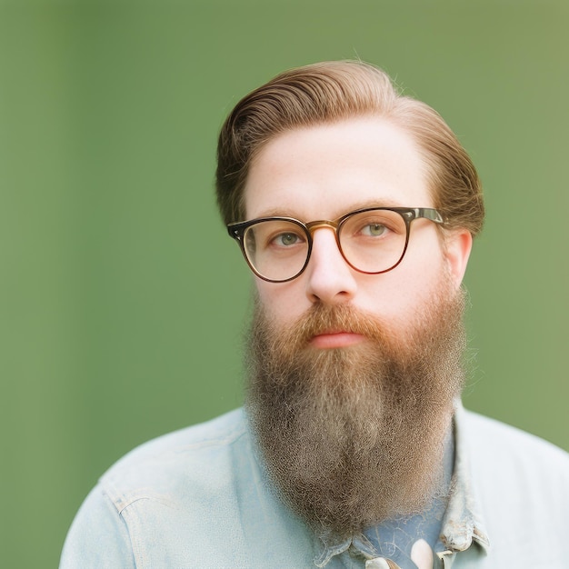 A man with a beard and glasses is wearing a denim shirt and a denim shirt.