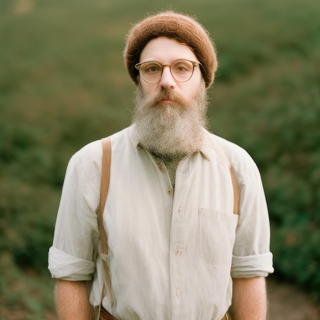 A man with a beard and glasses is wearing a denim shirt and a denim shirt