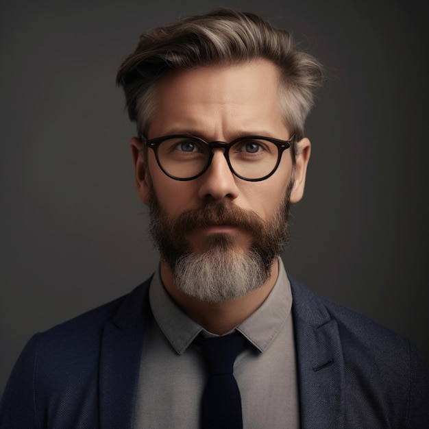 A man with a beard and glasses is wearing a suit and tie.