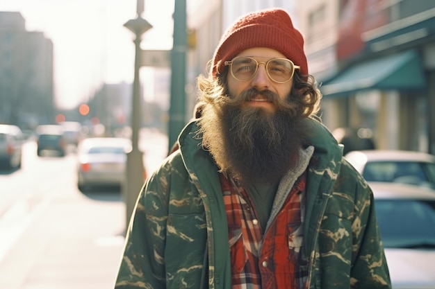 a man with a beard and glasses standing on the street