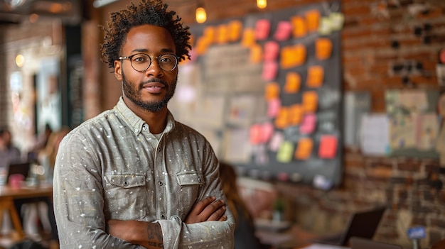 Photo a man with a beard and glasses stands in front of a wall covered in sticky notes