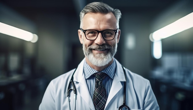 A man with a beard and glasses stands in a hospital hallway.