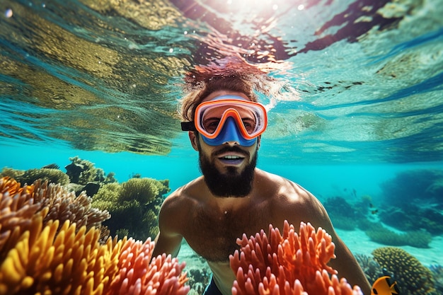 a man with a beard and goggles is swimming in a coral reef