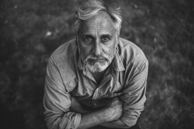 Photo a man with a beard and gray hair is sitting on the ground with his arms crossed