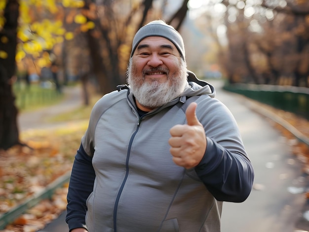 a man with a beard and a gray sweater is giving a thumbs up