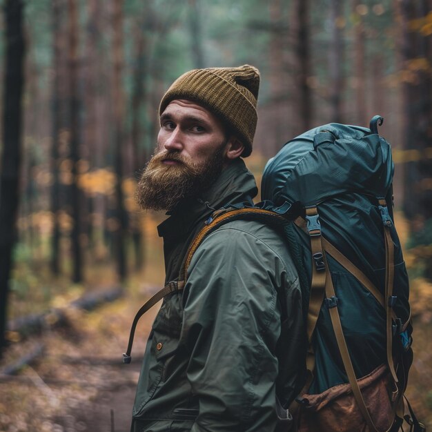 a man with a beard and a green backpack stands in a forest