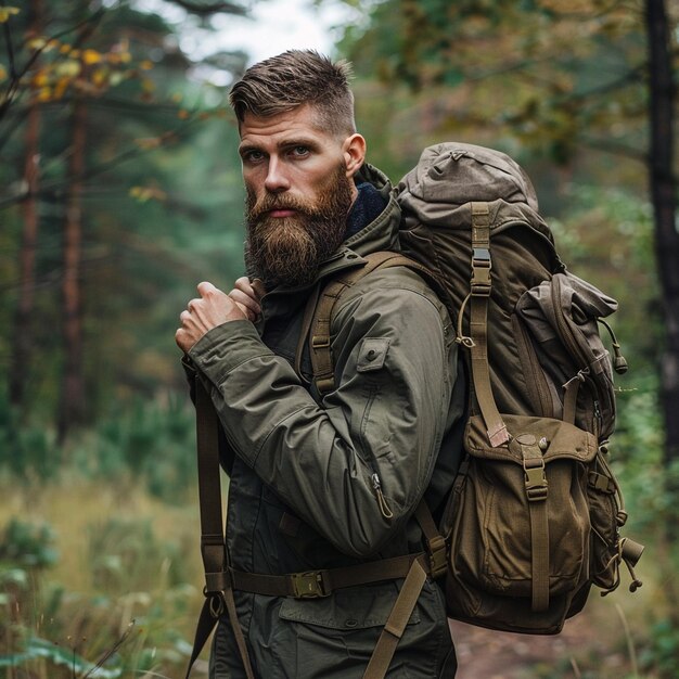 a man with a beard and a green jacket is walking in a forest