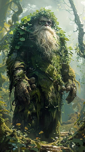 a man with a beard and green leaves in the forest