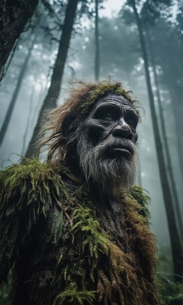 a man with a beard and green moss on his face is standing in a forest