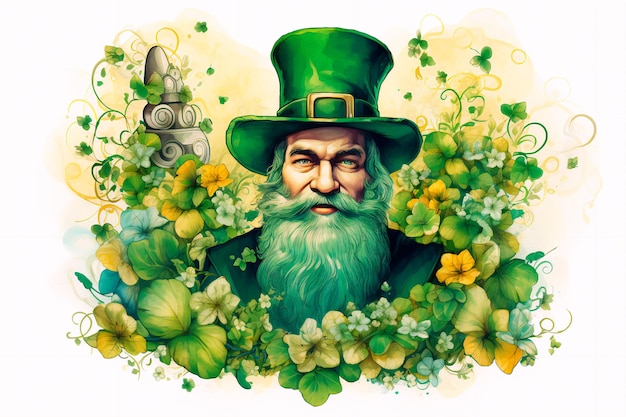 A man with a beard in a green suit and hat on a white background St Patrick's Day illustration