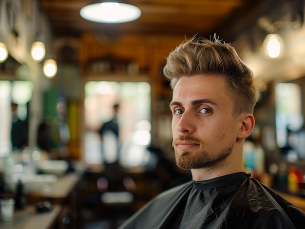 a man with a beard and a haircut is standing in a barber shop