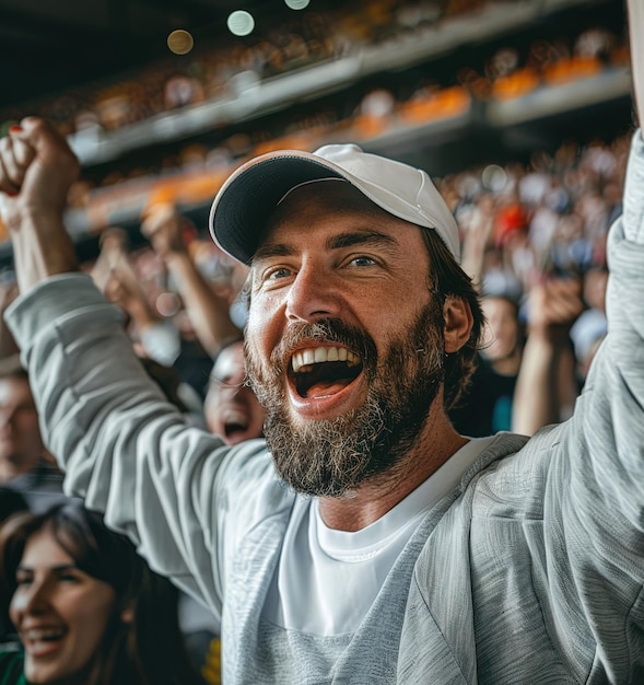 Photo a man with a beard and a hat on his head is celebrating