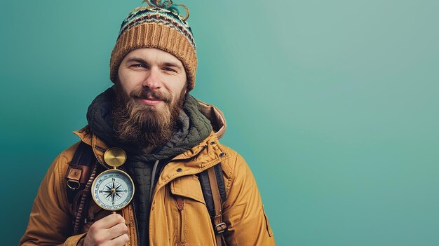 Photo a man with a beard and a hat holding an arrow